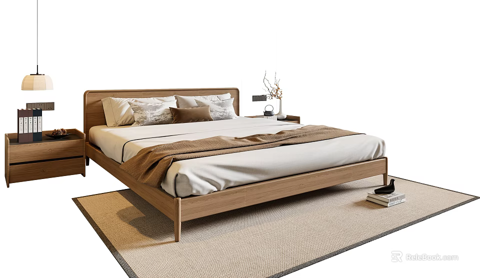 Minimalist Wooden Double Bed with Soft Pillows Brown Blanket Nightstands Lamp Vase on Rug Books 3d model 