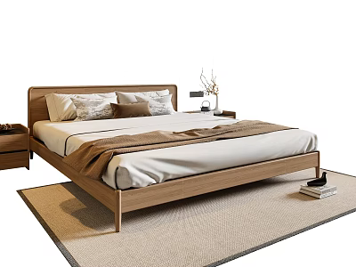 Minimalist Wooden Double Bed with Soft Pillows Brown Blanket Nightstands Lamp Vase on Rug Books 3d model