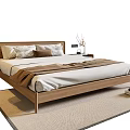 Minimalist Wooden Double Bed with Soft Pillows Brown Blanket Nightstands Lamp Vase on Rug Books