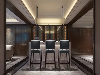 Elegant Modern Bar Area Interior Design With Marble Counter And Bar Stools 3d model