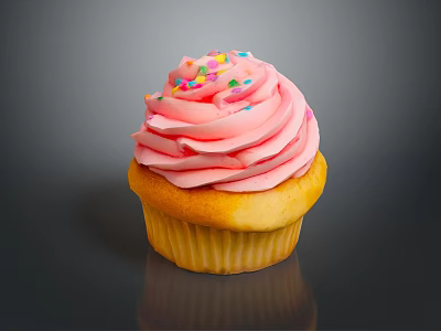 Delicious Cupcake With Pink Swirled Frosting And Colorful Sprinkles On Yellow Base 3d model