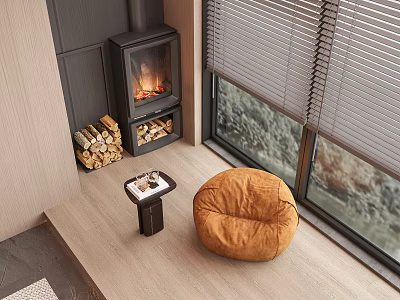 Cozy Modern Interior With Bean Bag Chair Fireplace Firewood Small Table And Window View 3d model