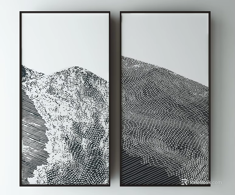 Abstract Black And White Wall Art With Mountain Pattern In Black Frames 3d model