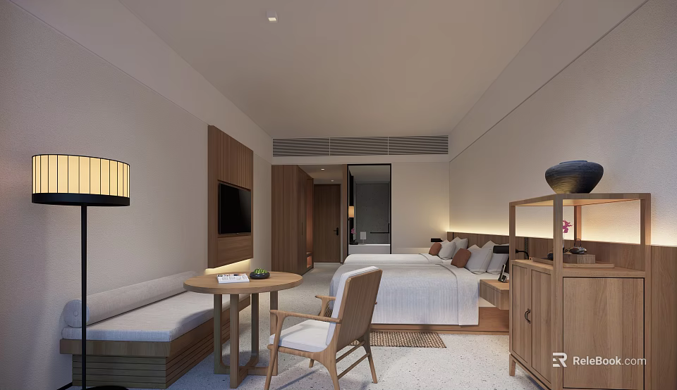 Hotel Room Interior With Wooden Furniture Bed Sofa Table Chair And Lamp 3d model 