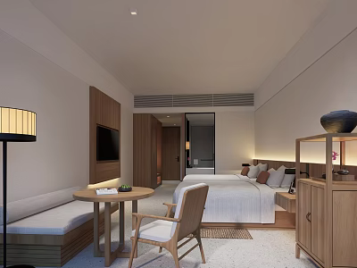 Hotel Room Interior With Wooden Furniture Bed Sofa Table Chair And Lamp 3d model