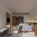 Hotel Room Interior With Wooden Furniture Bed Sofa Table Chair And Lamp