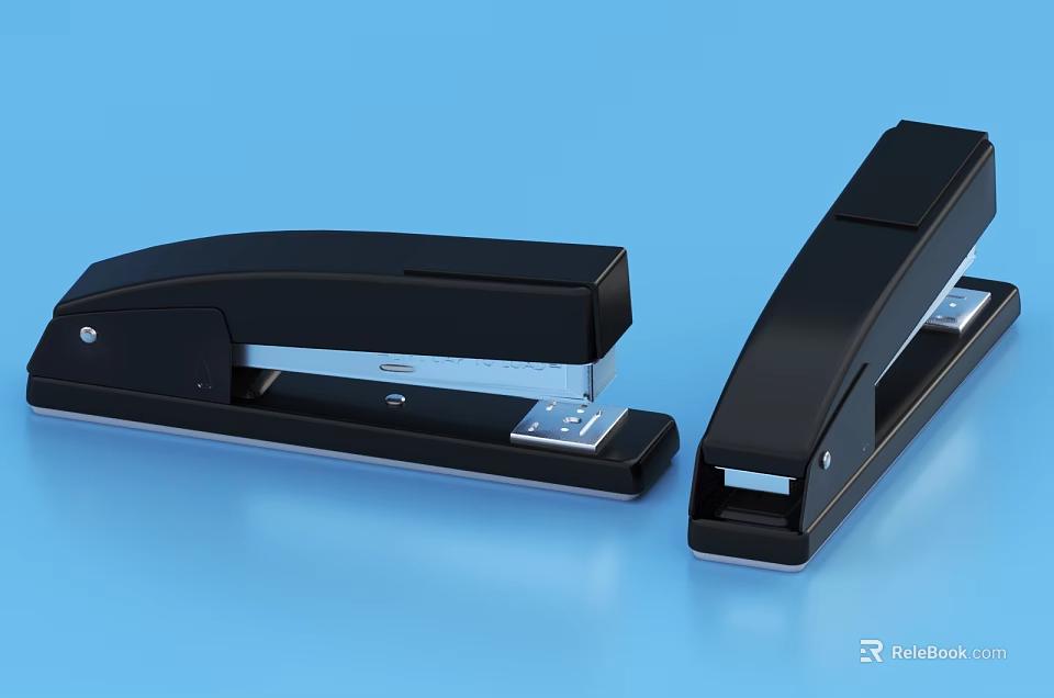 Two Modern Black Office Staplers Displayed On Blue Background Surface 3d model
