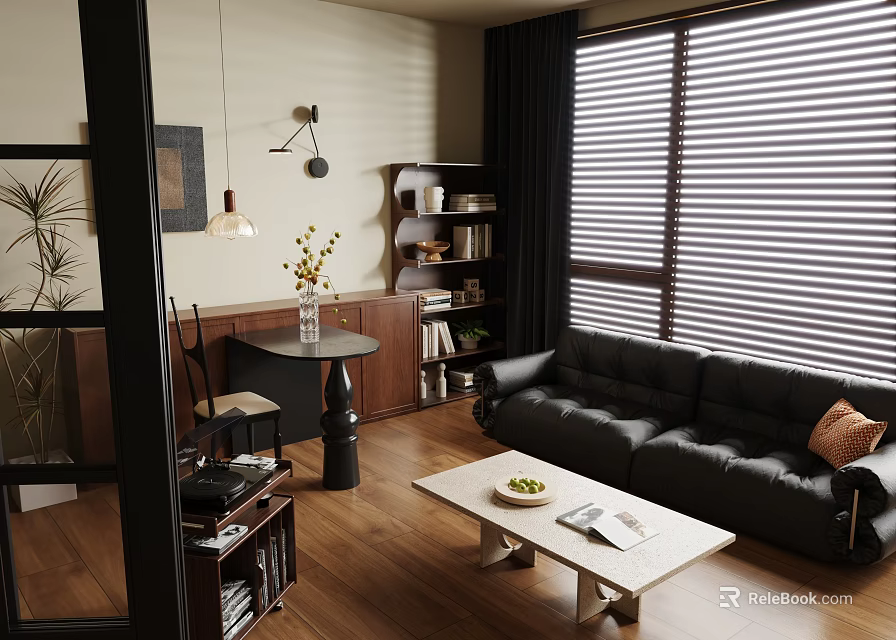 Cozy Mid Century Modern Living Room With Black Leather Sofa And Vinyl Record Player 3d model 