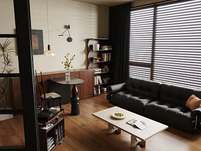 Cozy Mid Century Modern Living Room With Black Leather Sofa And Vinyl Record Player 3d model