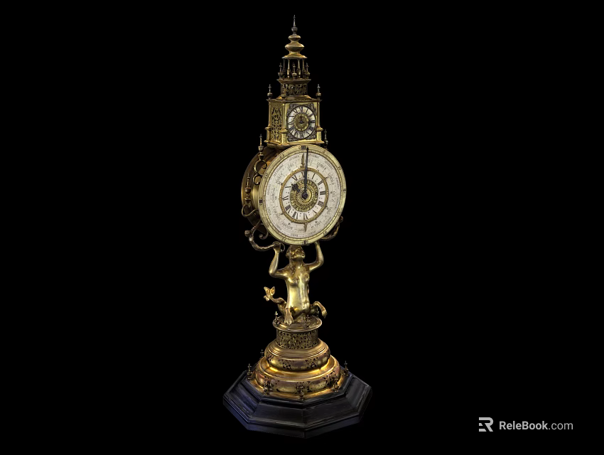 Ornate Antique Gold Table Clock With Intricate Carvings And Decorative Base 3d model 