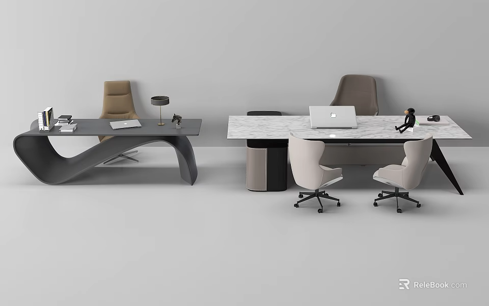 Modern Office Desk Interior Setup With Comfortable Chairs Laptop Table Lamp And Supplies 3d model 