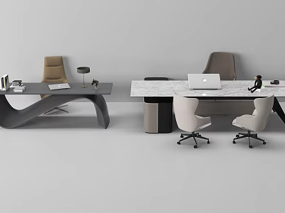 Modern Office Desk Interior Setup With Comfortable Chairs Laptop Table Lamp And Supplies 3d model