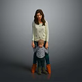 Woman Wearing White Sweater And Blue Pants Holding Little Boys Hands On Gray Background
