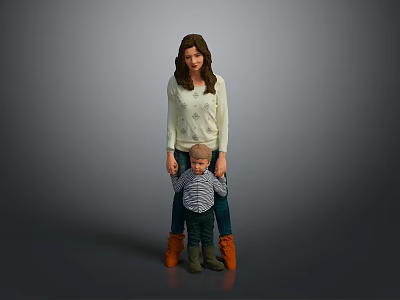 Woman Wearing White Sweater And Blue Pants Holding Little Boys Hands On Gray Background 3d model