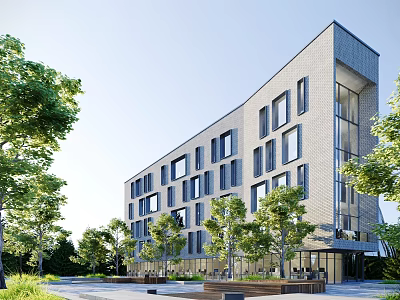 Modern Office Building With Gray Exterior Large Windows And Outdoor Seating Surrounded by Trees 3d model