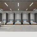 Spacious Room With Five Beds Blue Headboards White Floor Wooden Slat Ceiling Lights Gray Curtains