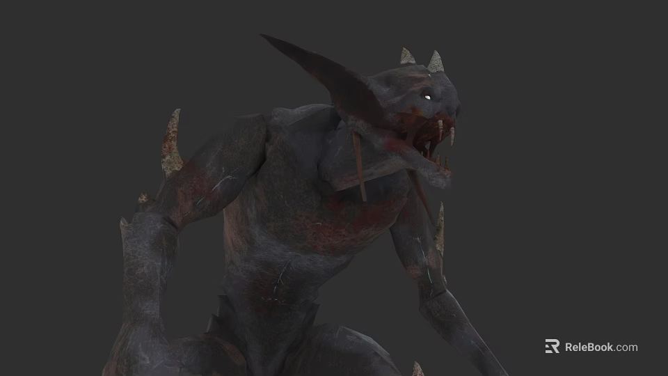 Menacing Crouching Gray Skinned Monster With Sharp Ears Fangs Red Blood Spikes 3d model 