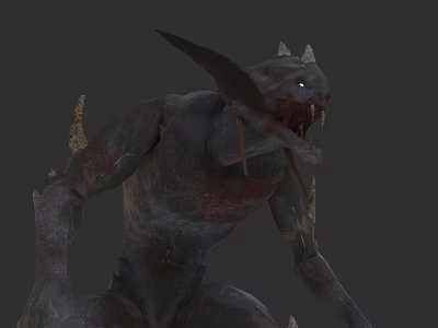 Menacing Crouching Gray Skinned Monster With Sharp Ears Fangs Red Blood Spikes 3d model