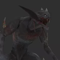 Menacing Crouching Gray Skinned Monster With Sharp Ears Fangs Red Blood Spikes