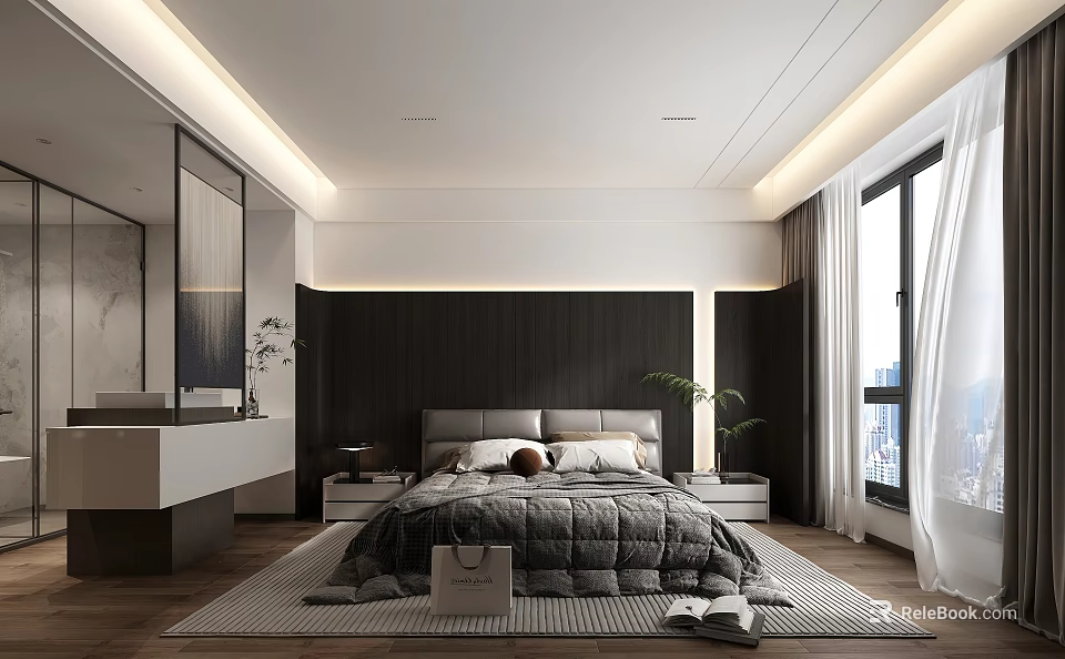 Modern Bedroom Interior Design With Dark Wood Headboard King Bed Area Rug And White Curtains 3d model 