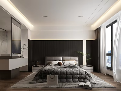 Modern Bedroom Interior Design With Dark Wood Headboard King Bed Area Rug And White Curtains 3d model