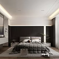 Modern Bedroom Interior Design With Dark Wood Headboard King Bed Area Rug And White Curtains