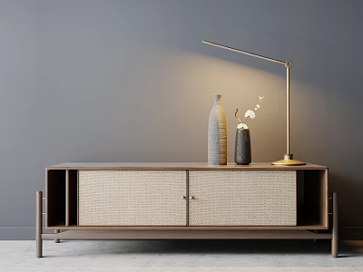 Modern Wooden TV Stand With Woven Cabinet Doors Gold Table Lamp And Decorative Vases 3d model