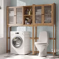 Wooden Bathroom Storage Cabinet Shelf With Glass Doors Washing Machine And Toilet