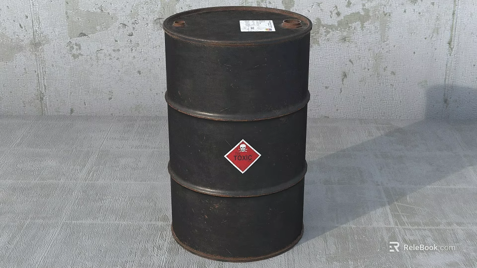 Industrial Equipment Black Metal Drum With Flammable Hazardous Warning Label In Industrial Setting 3d model 