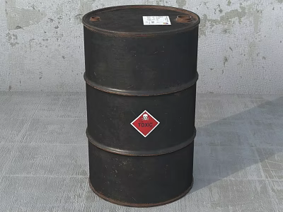 Industrial Equipment Black Metal Drum With Flammable Hazardous Warning Label In Industrial Setting 3d model