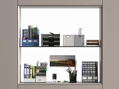 Organized Office Folders with Stationery Pen Holder Scissors and Calendar on Office Shelf 3d model