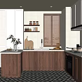 Modern Kitchen Interior With Wooden Cabinets White Countertop Window Blinds And Checkered Floor