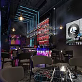 Modern Bar Interior With Red Black Shelves Neon Lights Bar Counter And Stools