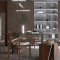 Elegant Wooden Dining Table Set With Upholstered Chairs Decorative Vase And Bookshelves