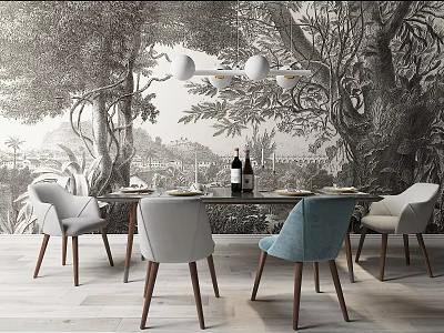 Dining Table Set with Chairs and Modern Chandelier Against Scenic Tree Wallpaper 3d model