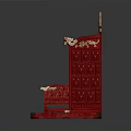 Traditional Chinese Red Carved Throne With Ornate Backrest And Armrests