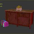 Vintage Red Cabinet With Orange Camera And Brown Suitcase On Wooden Tabletop