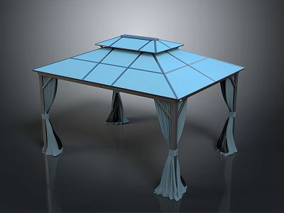 Outdoor Square Pavilion With Blue Glass Roof And Curtain Draped Pillars 3d model