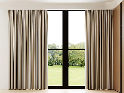 Soft Beige Curtains For Modern Room With Black Frame Window And Green Lawn View 3d model