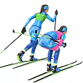 Two People Skiing In Colorful Ski Suits With Poles And Skis