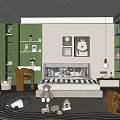 Bright Children's Room Interior With Cozy Bed Striped Rug Wall Art Bookshelf And Toys
