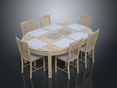 Wooden Round Dining Table With Six Chairs White Placemats And Woven Mats 3d model