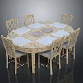 Wooden Round Dining Table With Six Chairs White Placemats And Woven Mats