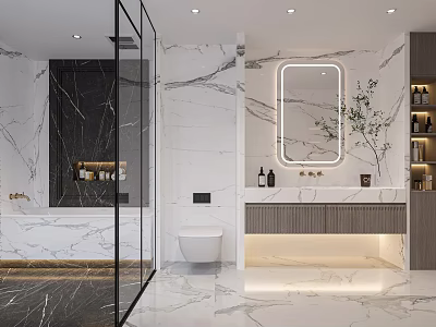 Modern Marble Bathroom With Backlit Mirror Vanity And Glass Shower 3d model