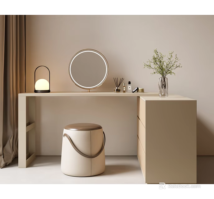 Minimalist Dressing Table With Round Mirror Table Lamp Vase Plants And Neutral Stool 3d model