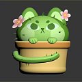 Game Movie Character Green Cactus Cat With Pink Ear Flowers In Yellow Pot Long Tail