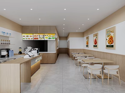 Modern Restaurant Interior With Wooden Counter Tables Chairs And Menu Display Board 3d model