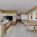 Modern Restaurant Interior With Wooden Counter Tables Chairs And Menu Display Board