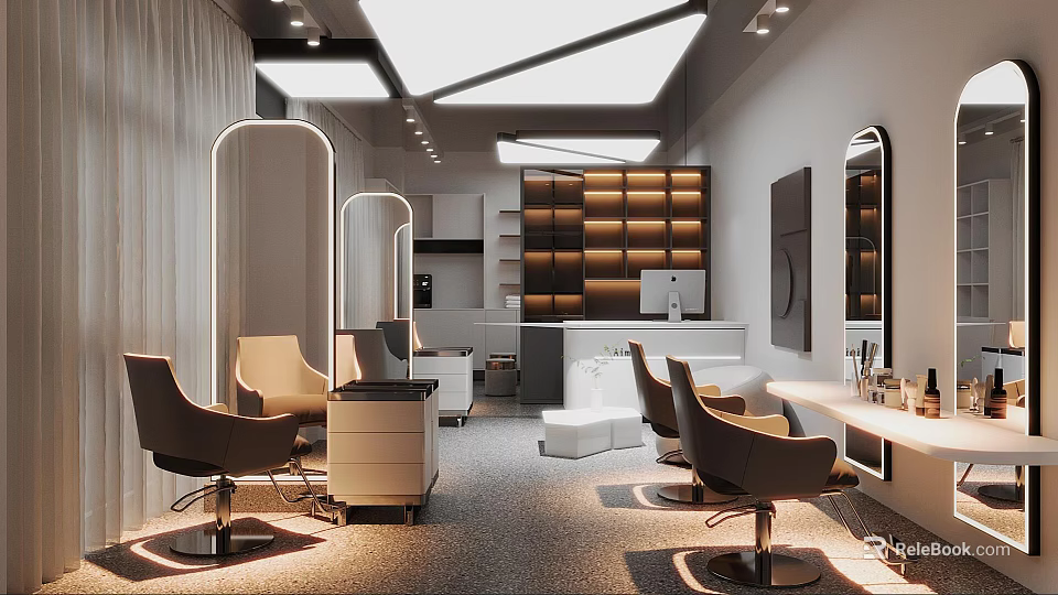Modern Beauty Salon Interior With Styling Chairs Mirrors And Workstations 3d model 