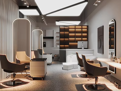 Modern Beauty Salon Interior With Styling Chairs Mirrors And Workstations 3d model